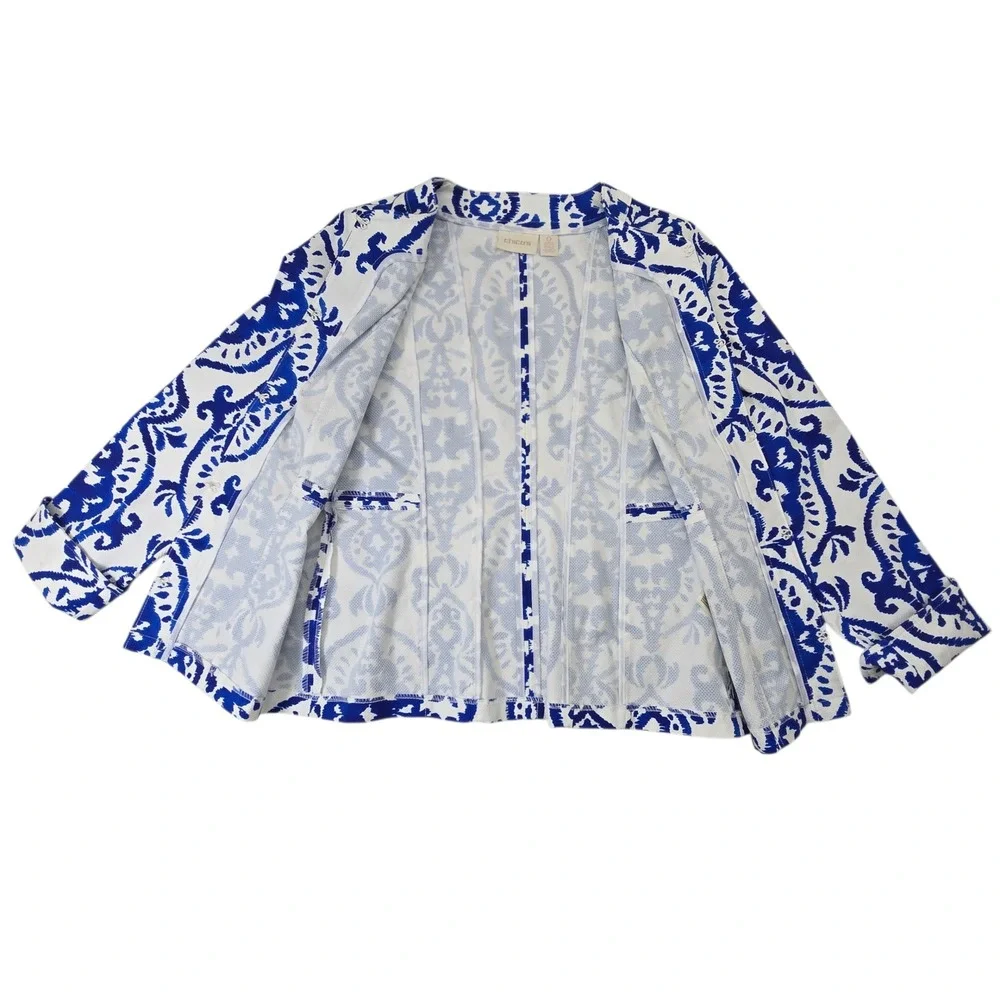 Chicos Women's Blazer Size 0 Blue White Floral‎ Jacquard 3/4 Sleeve Career